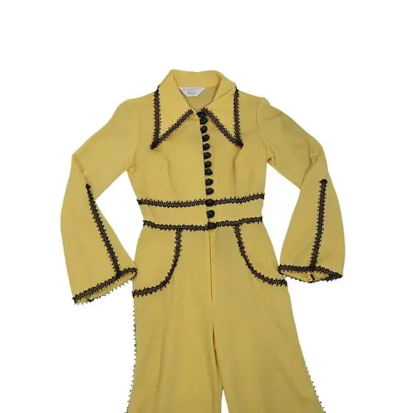 Vintage 70s JCPenney Yellow Bell Bottom Flare Jumpsuit Disco XS - Picture 2 of 9